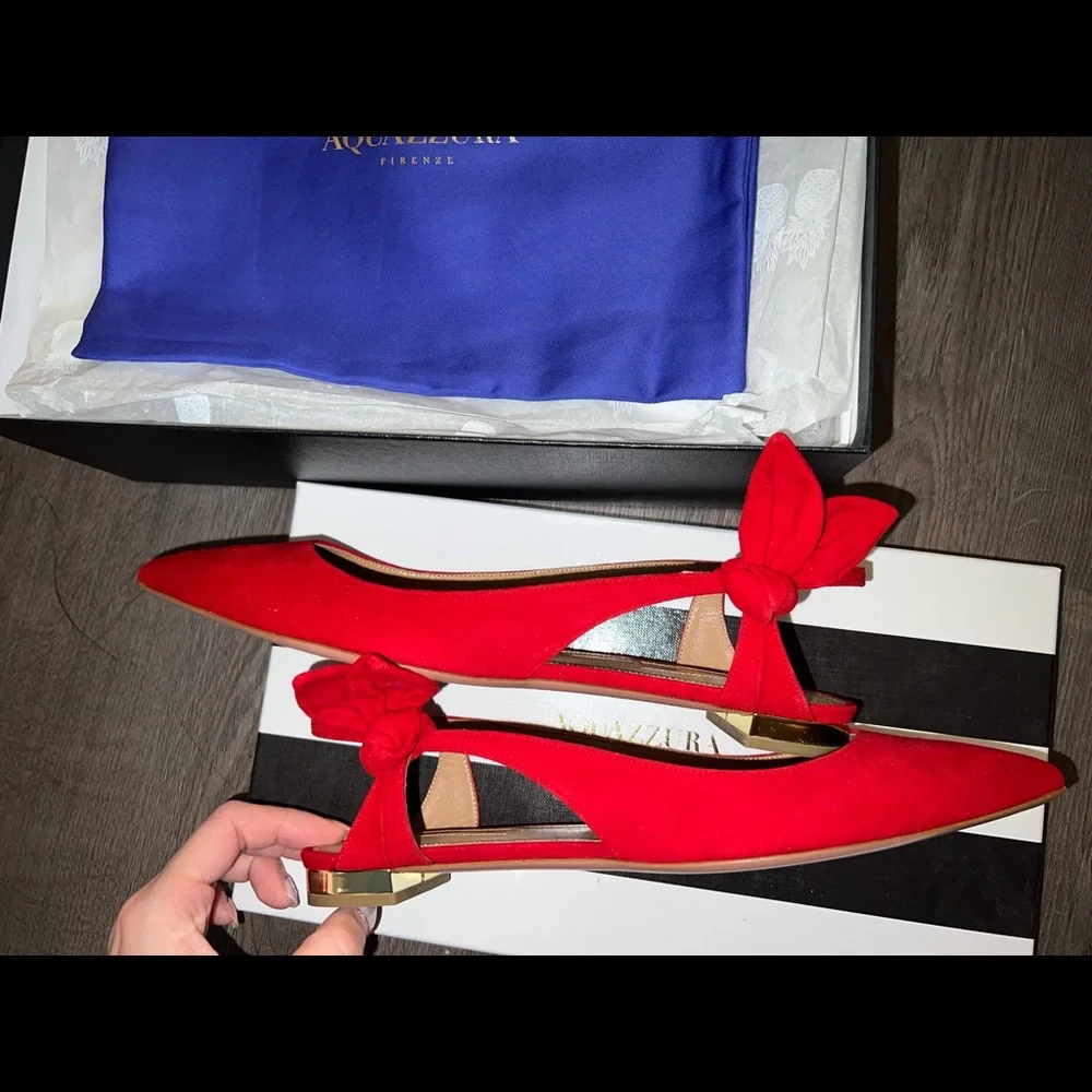 BNIB Aquazzura Red Suede Ballet Ballerina Slingback Flats - Picture 8 of 15